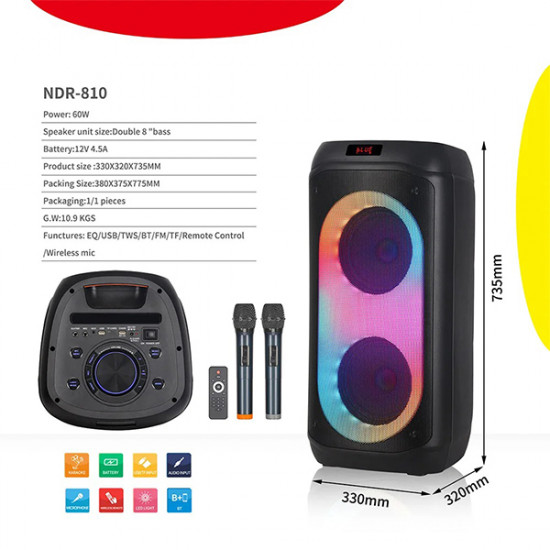 NDR-810 Dual 8 Inch High Power Bluetooth Speaker