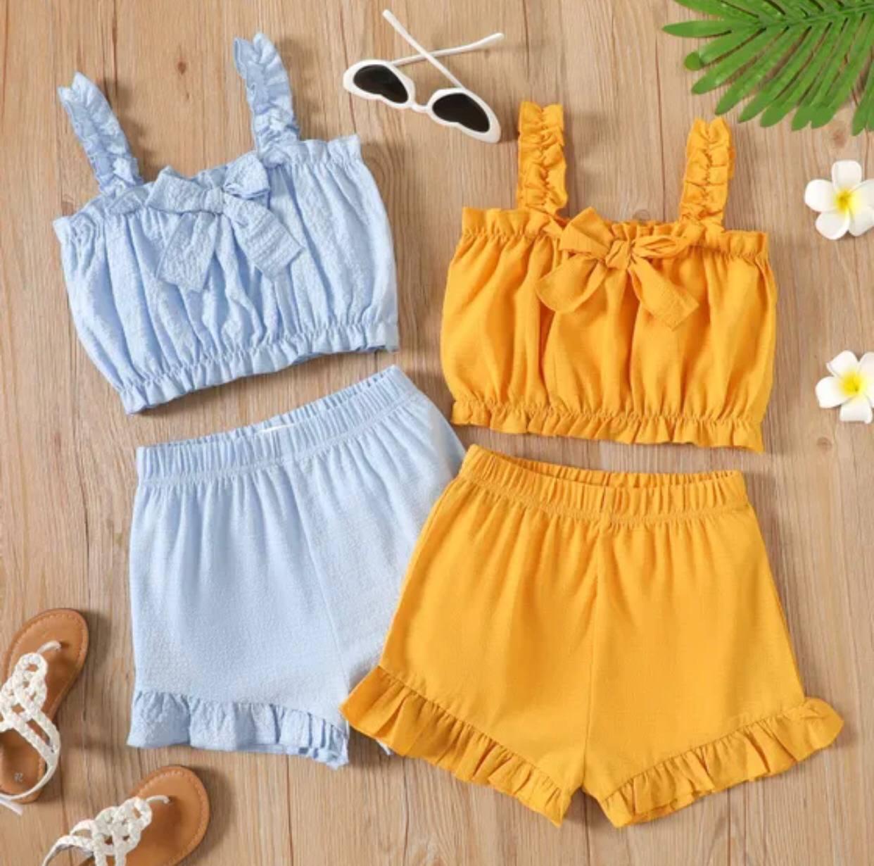2-piece Kid Girl Bowknot Design Ruffled Solid Color Camisole and Elasticized Shorts Set